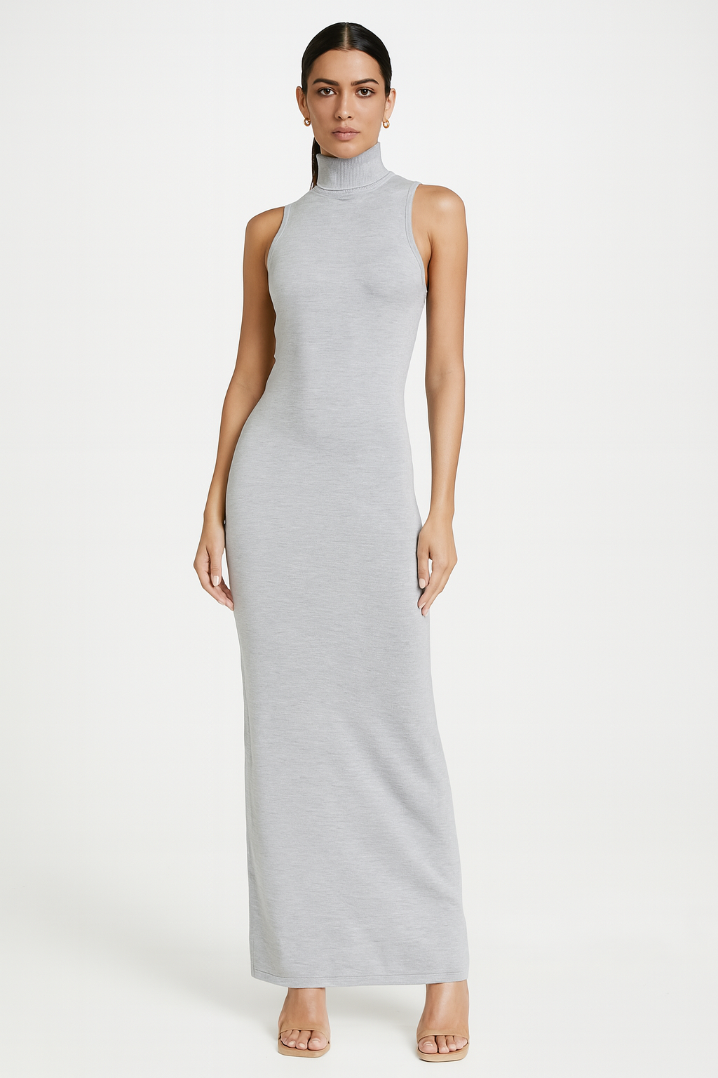 Grey Knit Turtleneck Maxi Dress