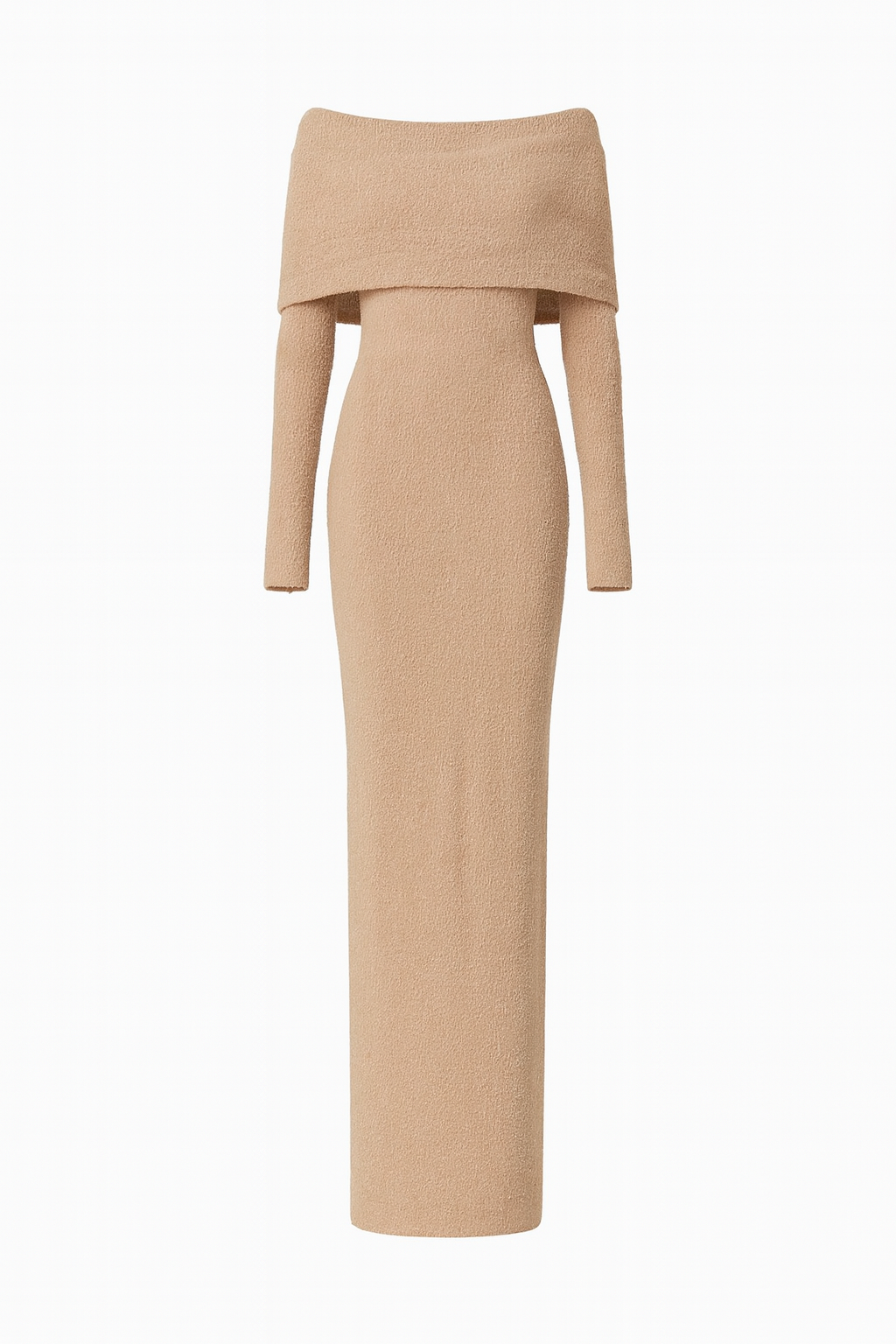 Camel Off-Shoulder Maxi Knit Dress – Fall/Winter Edition