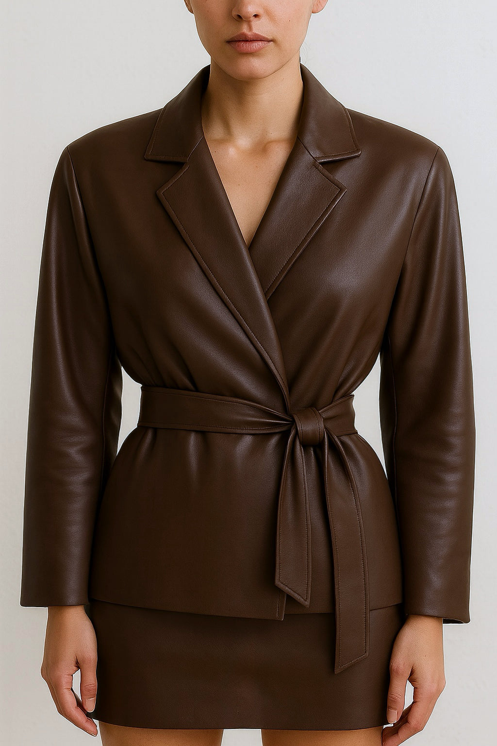 SOL MOCHA Wrap Leather Jacket & Mini Skirt Set