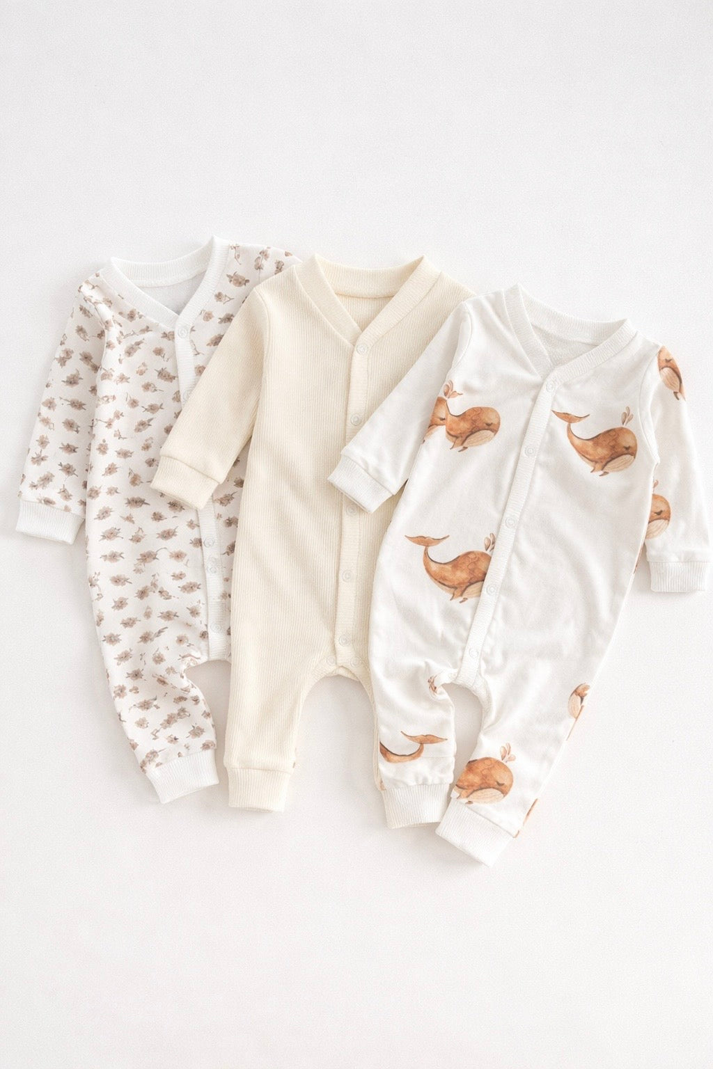 🤍 Soft Meadow Trio – Organic Baby Jumpsuit Set