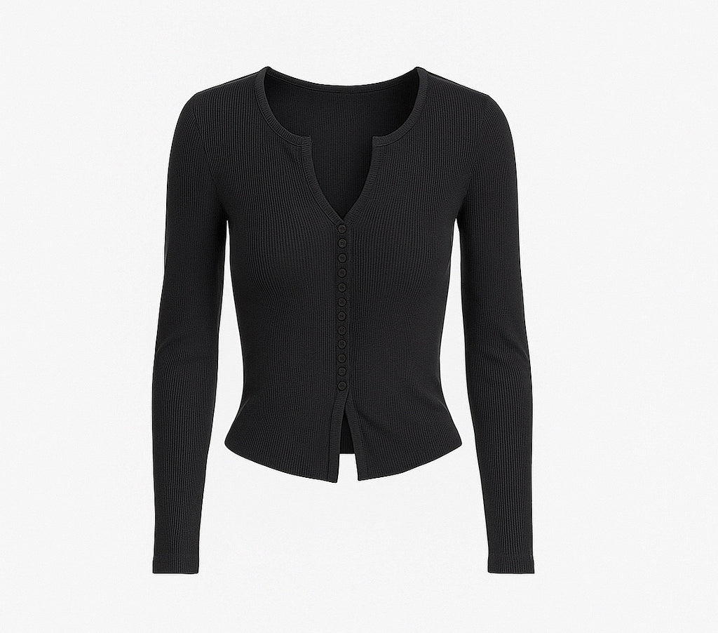 Noir Ribbed Button Top