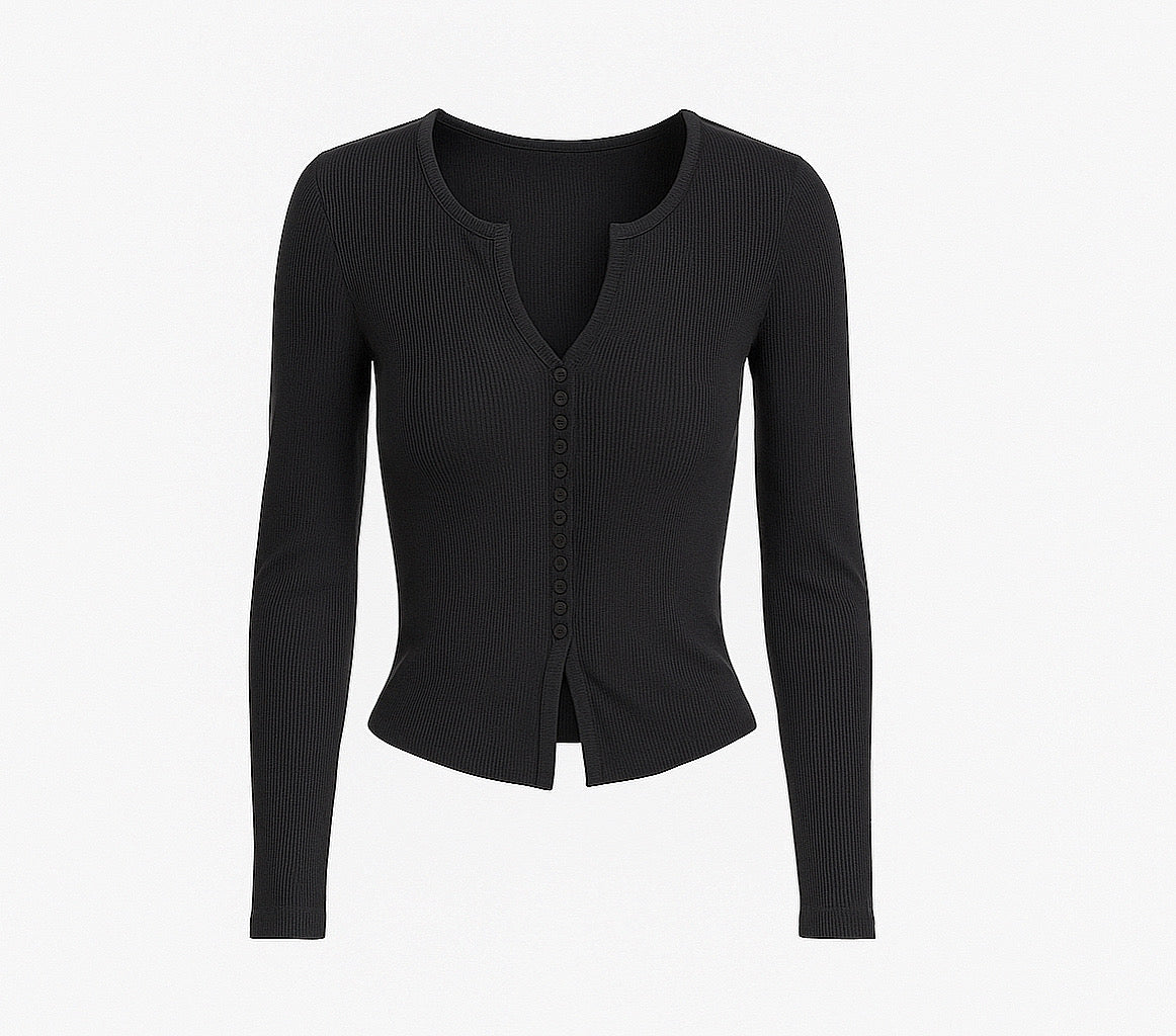 Noir Ribbed Button Top