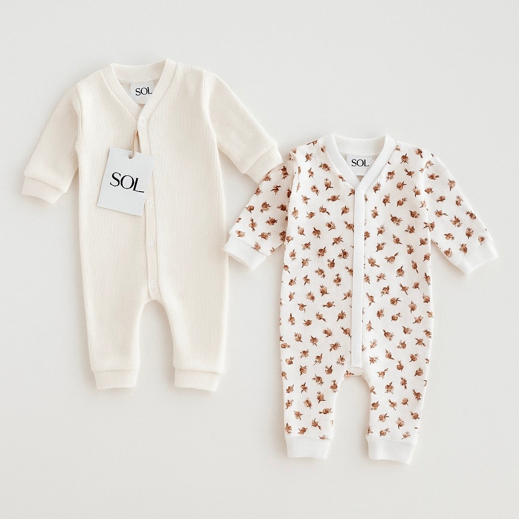 Organic Cotton Baby Jumpsuit Duo – Cream & Rose Blossom